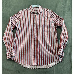 Bugatchi All Cotton Button Front Shirt Mens XL Shaped Trim Fit Stripes Red Blue